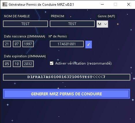 Interface de génération de permis de conduire dans MoDs Generator