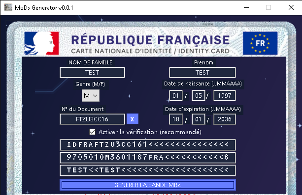 Interface de génération de carte nationale d’identité dans MoDs Generator