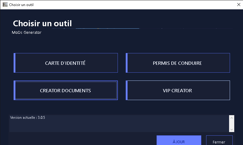 Menu principal de MoDs Generator avec le choix des outils